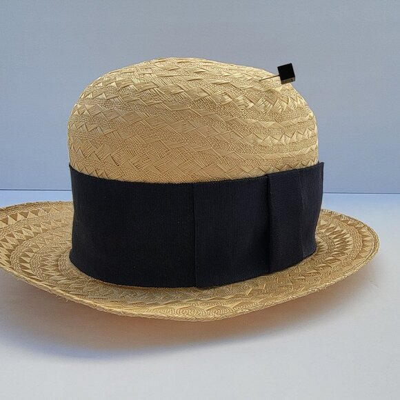 CHANEL Straw Hat Beige, Black Ribbon band, size 57, 7-1/8 US, 22.5 in. vintage - Picture 6 of 14